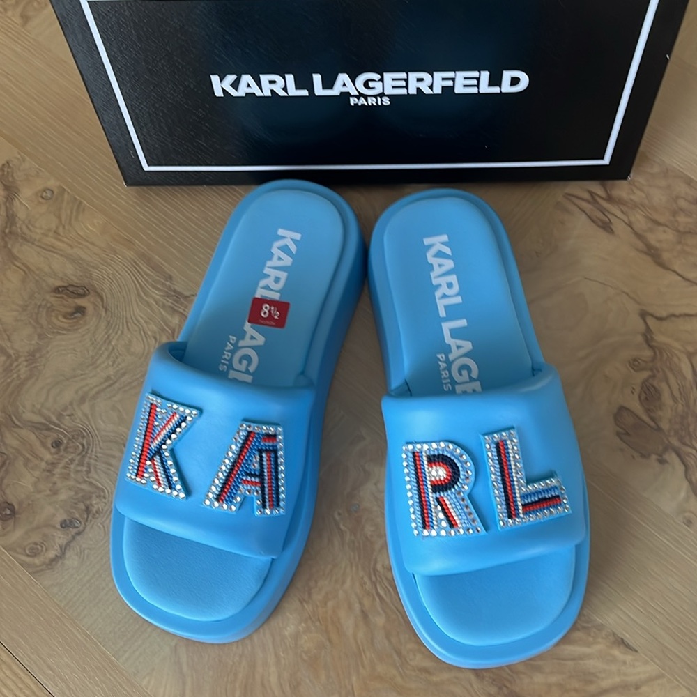 Karl LAGERFELD Women’s Platform Leather upper Sandals Slip On Colour Light Blue - Picture 5 of 8